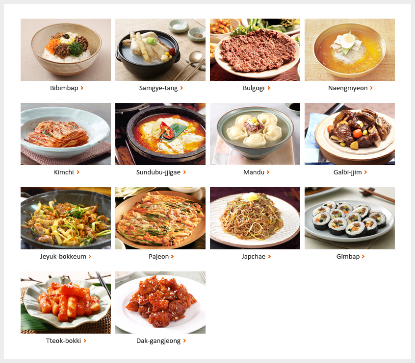 Bibimbap / Samgye-tang / Bulgogi / Naengmyeon / Kimchi / Sundubu-jjigae / Mandu / Galbi-jjim / Jeyuk-bokkeum / Pajeon / Japchae / Gimbap / Tteok-bokki / Dak-gangjeong